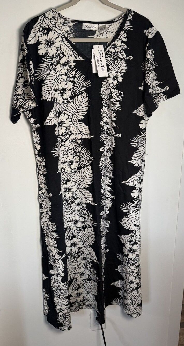 NEW Tropical Print Dress Womens Plus 1X Cotton Pockets Black White Beach Resort
